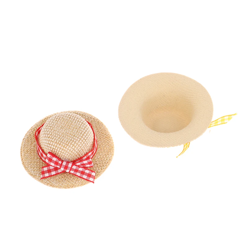 2 ピース/セットドールハウスビーチ帽子弓付きミニチュア人形麦わら帽子ミニ手織り帽子ドールハウスの装飾装飾品アクセサリー