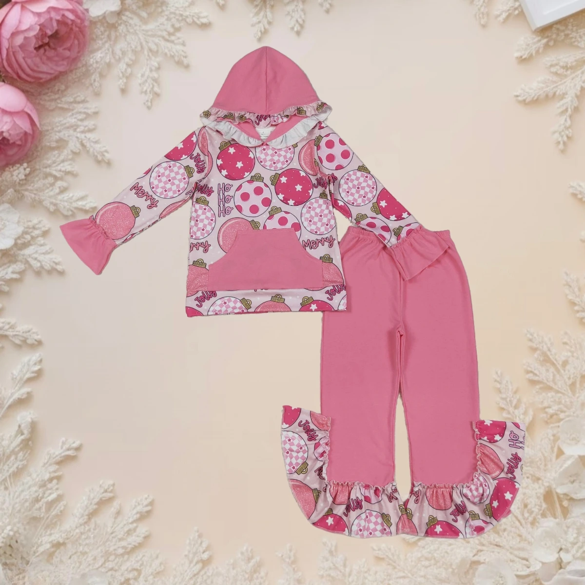 

Hot Sale Merry Christmas Baby Girl Clothes Set Cute Pocket Long Sleeve Hoodie Top and Ruffle Pants Toddler Kids Holiday Clothing