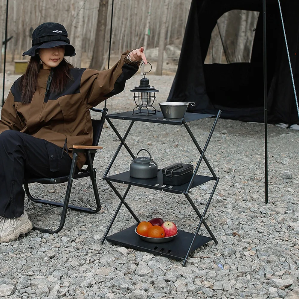 Outdoors Foldable Table Shelf Three Layers Portable Shelf Applicable To Picnic Barbecue Aluminum Sheet Splicing Together Table