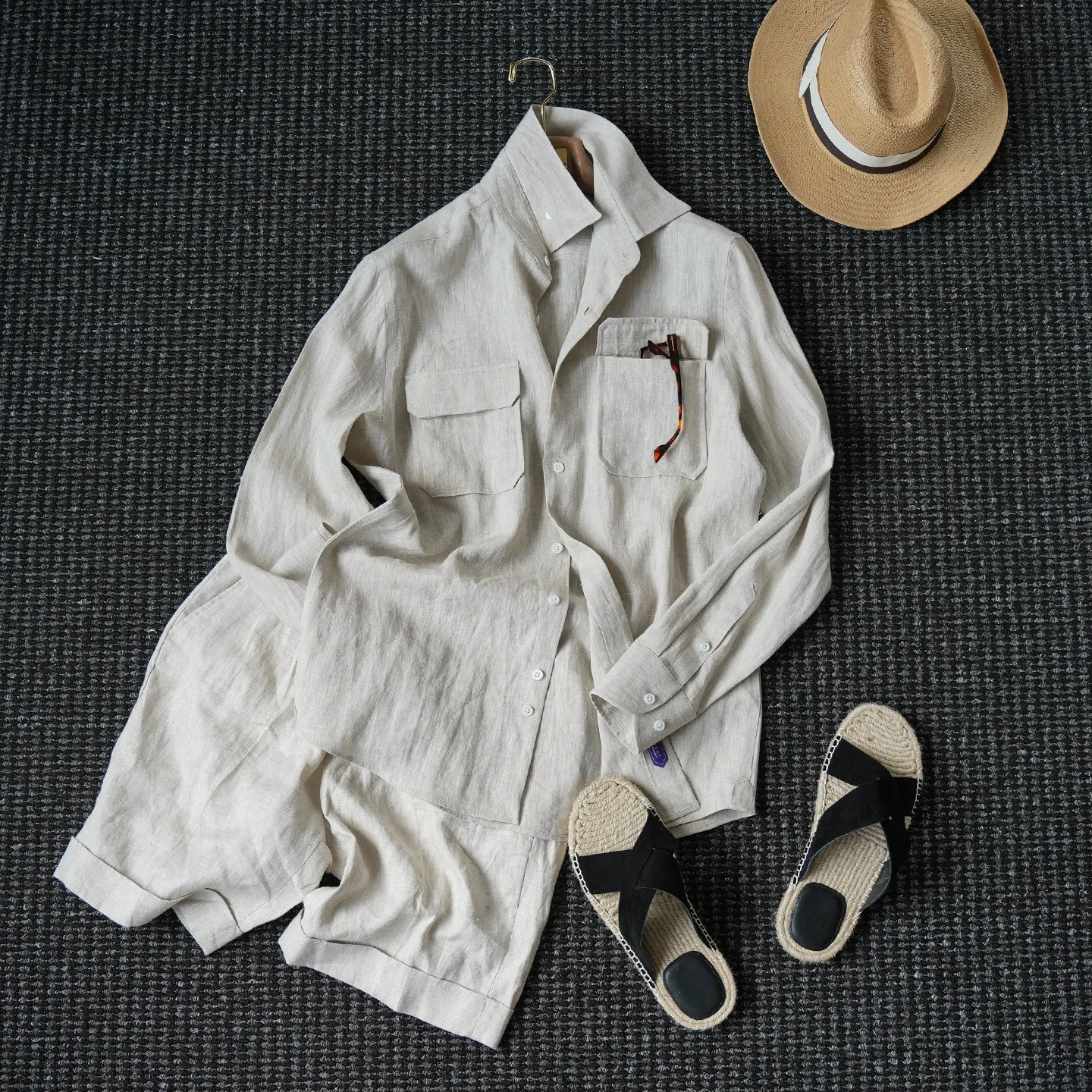 

(100% rain and dew linen) haute couture double pocket shirt men's summer upstart old money style shirt trend