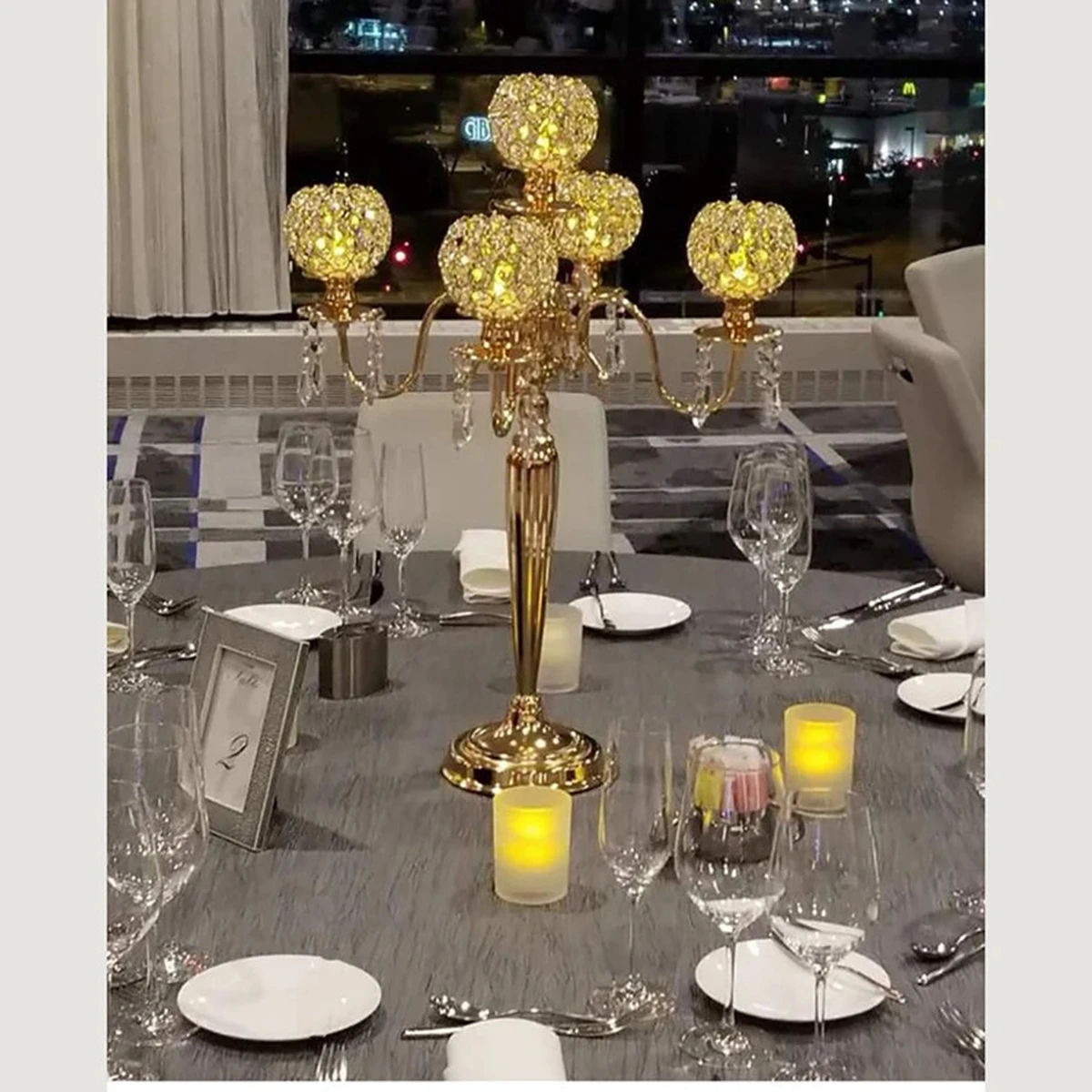 

Popular 5 arms clear crystal candle stands glass gold 5 heads candelabra weddings table centerpieces decorations 423