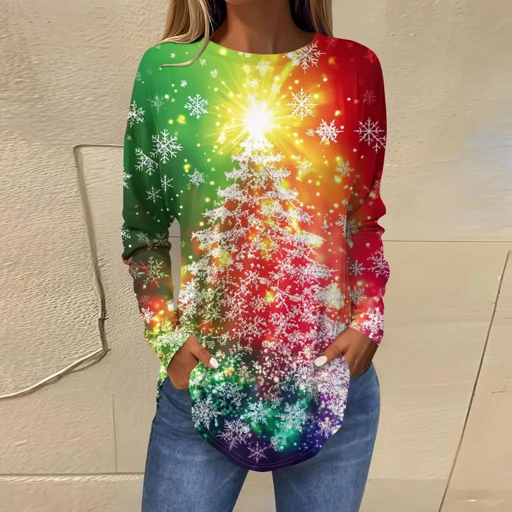

Christmas limited edition women's 3D gradient color Christmas tree print round neck long-sleeved T-shirt casual long-sleeved top