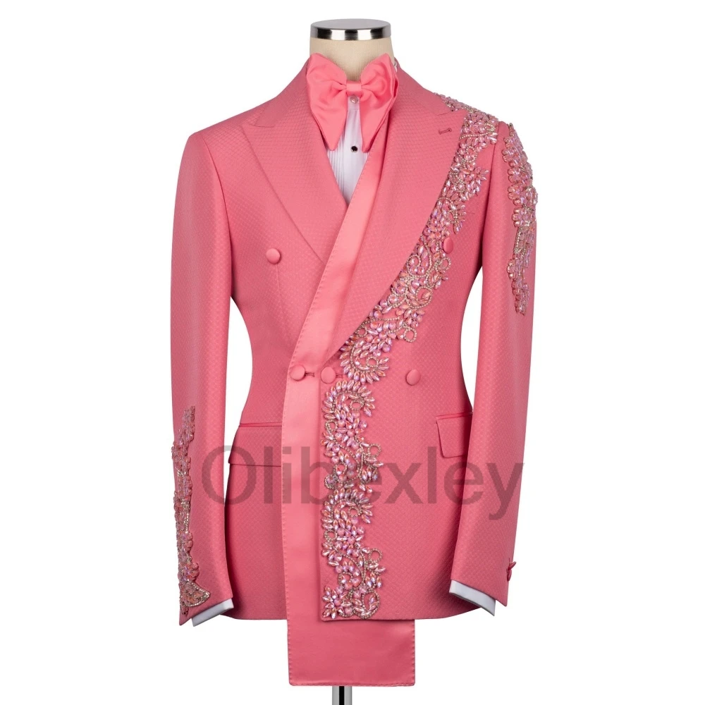 Olibexley Luxury Pink Men Suits Crystals Beaded Wedding Groom Tuxedos Male Prom Blazers 2 Pieces Set Para Hombre Customized S206