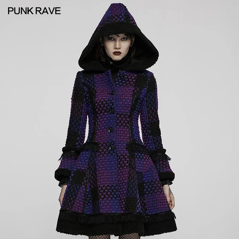 

PUNK RAVE Women' Lolita Style Fashion Woven with Roving Warm Hooded Long Coat Blue and Purple Dreamy Feeling Outerwear Winter