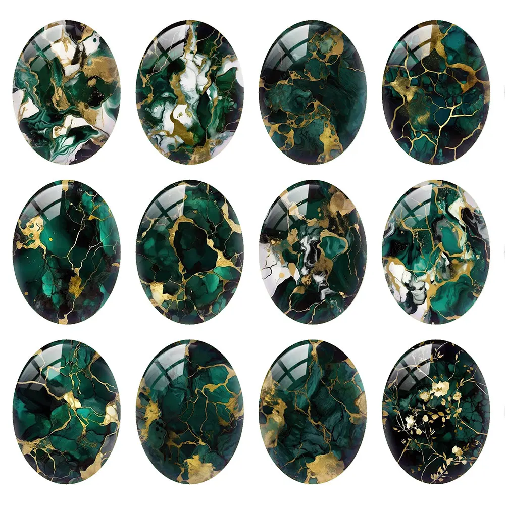 Random Mixed Round/Oval/Square Emerald Green Marble Fluid Photo Glass Cabochon Flatback Demo Cameo For Diy Jewelry Making