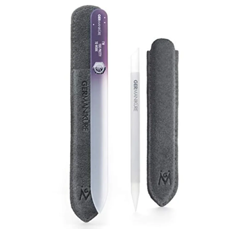 

2 Pc Glass Bundle Crystal Glass Cuticle Stick I'm Too Pretty to Work Nail File in Suede Sleeves Handmade in Czech Republic Pro
