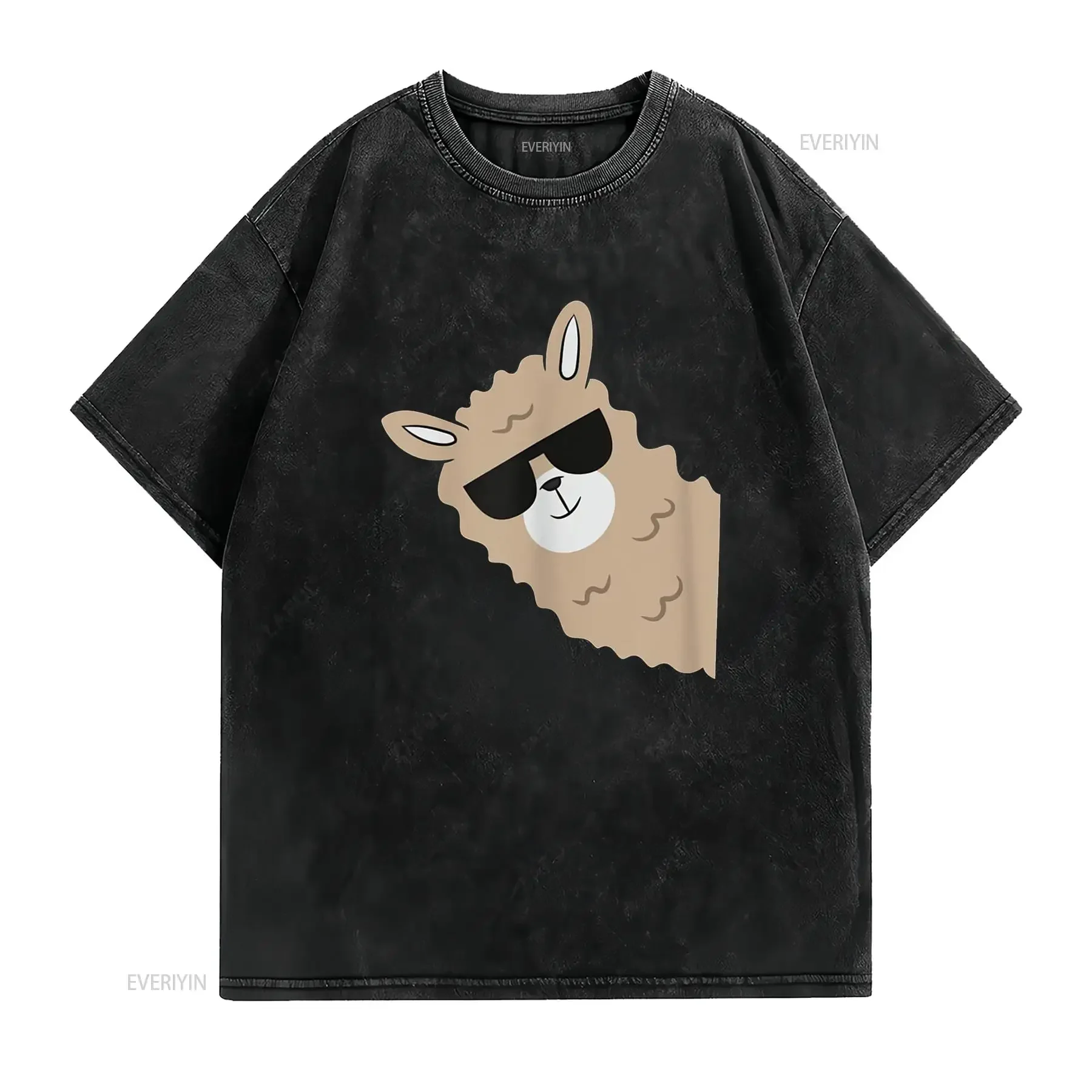 Cute Llama Alpaca With Sunglasses Funny T Shirt vintage Washed fashion Breathable streetwear graphic Comfortable Slightly