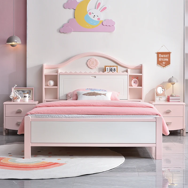 

All solid wood children's bed girl pink 1.35m single bed modern simple princess small apartment high box storage bed