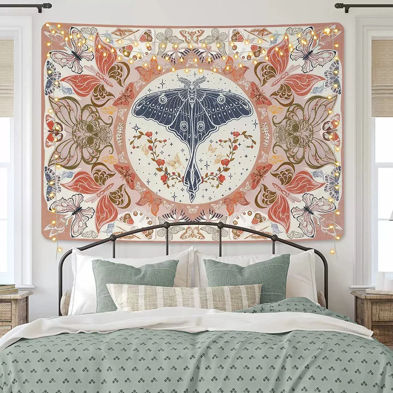 VIKAMA Luna Moth Butterfly Tapestry Wall Hanging Bohemian Aesthetic Room Decor for Bedroom Wall Art Door Curtain Decoration