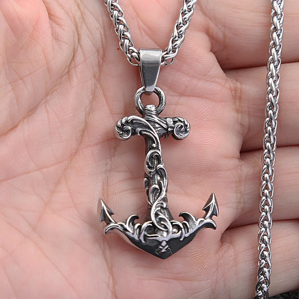 Punk Vintage Stainless Steel Anchor Pendant Necklace For Men Rudder Compass Pattern Pendant Biker Fashion Jewelry Gift Wholesale view 6