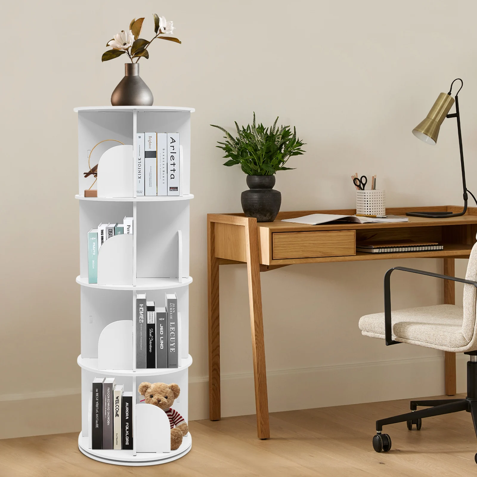 

Rotating Bookcase w/ 16 Compartments, 60 kg Load Capacity & 360° Rotation, 4-Tier Standing Shelf for Children's Room Living Room
