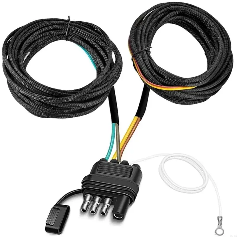 

4 Pin 5 Wire Trailer Wiring Harness with Braided Protective Tube, 4 Way Flat Trailer Connector for Brake Light D7YA