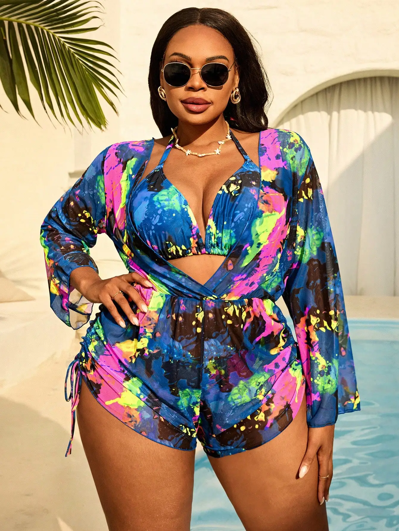 

Женский комплект бикини с эффектом тай-дай, с завязками на шее и разрезом, с сетчатой накидкой с длинными рукавами