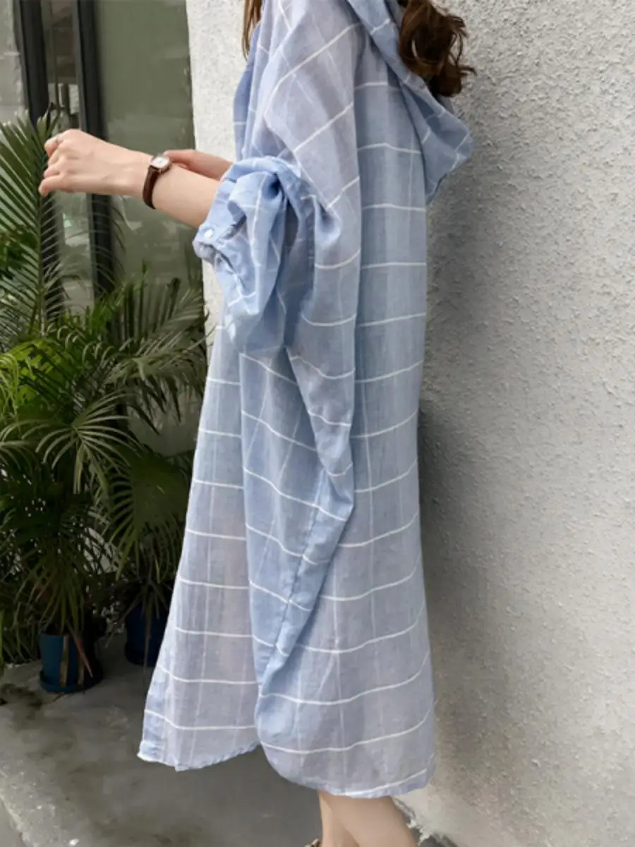 Women's Summer BF Loose Plaid Shirt Thin Outerwear Midi Length Checkered Pattern Button up Long Sleeve Straight Cut Coat