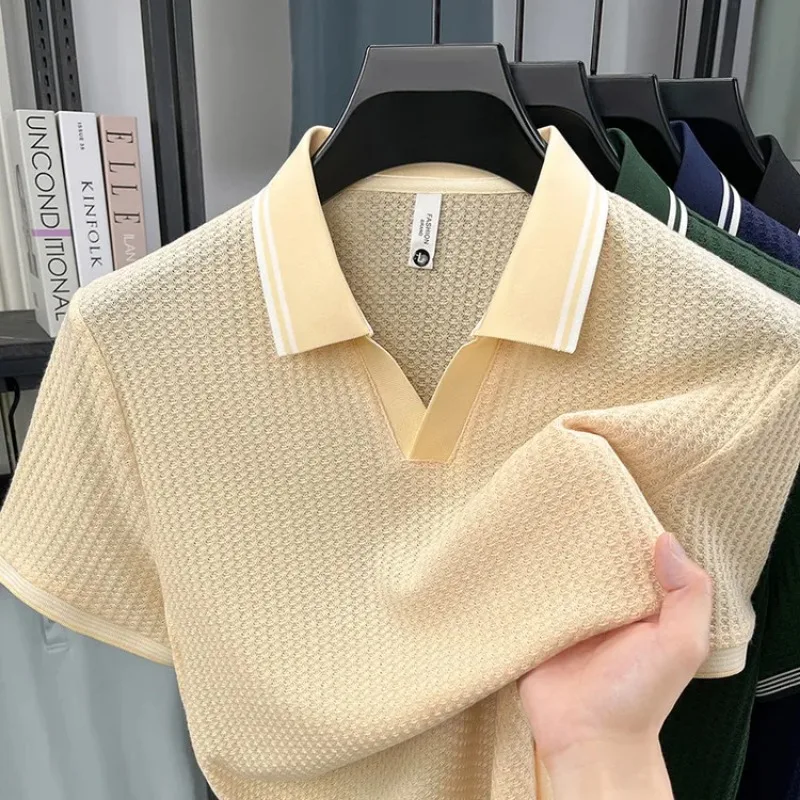 Men Summer Breathable Textured Short Sleeve Polo Shirt Notch Collar Casual Top For Middle Aged Dads
