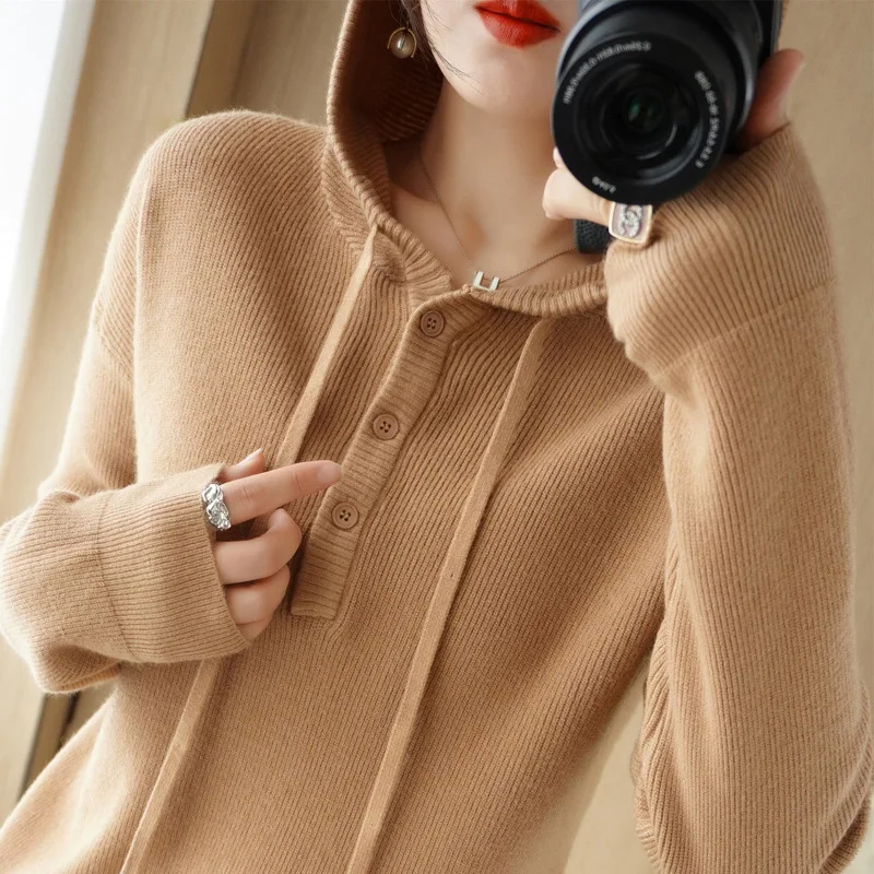 

Autumn winter Selection Of Cashmere Hoodie Women's Loose Hooded Knitted Jacket Ingot Needle Thick Sweater Outer Wear