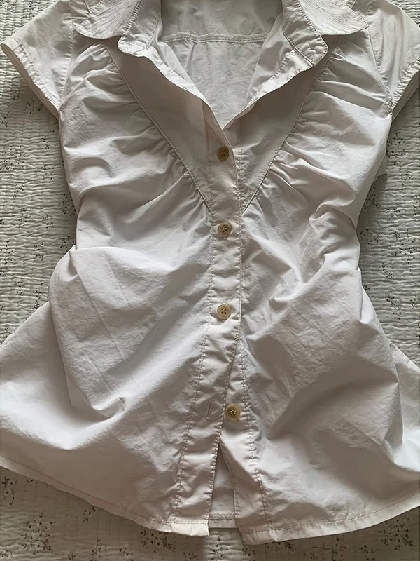 Original Retro Design Slim Fit irt f Sp สาวเกาหลี Sle Cotton Blend ort Sve Collar Pure Color Summer irt