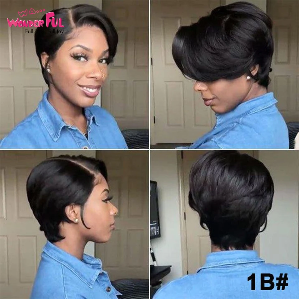 Short Pixie Cut Lace Human Hair Wigs Brazilian Remy Hair Straight Bob For Black Women  With Black Root Short Woman Lace Wigs