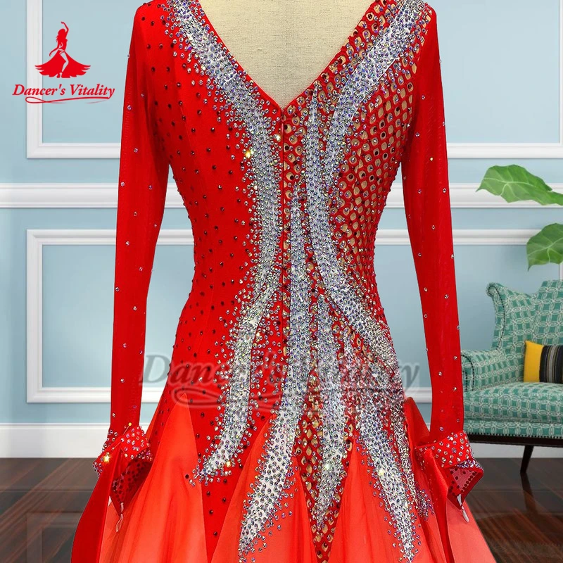 Valse adulte femme rouge-blanc dégradé couleurs AB pierres robes de compétition avec collier luxueux personnaliser la vitalité du danseur