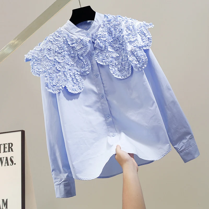 

Модная свободная блузка с длинным рукавом, воротником-стойкой с цветочным узором, дизайнерская, из хлопкового бленда, в корейском стиле, с элементами пэчворка