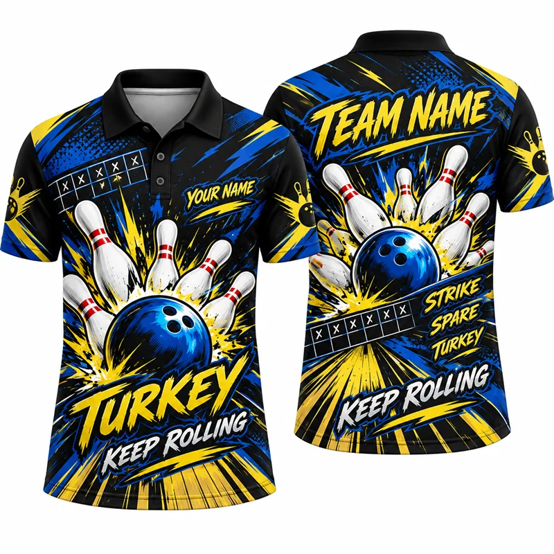 Custom Bowling Polo Shirt Personalized Name Team Name Bowling Strike Graphic Short Sleeve Jersey League Tournament Team Uniform