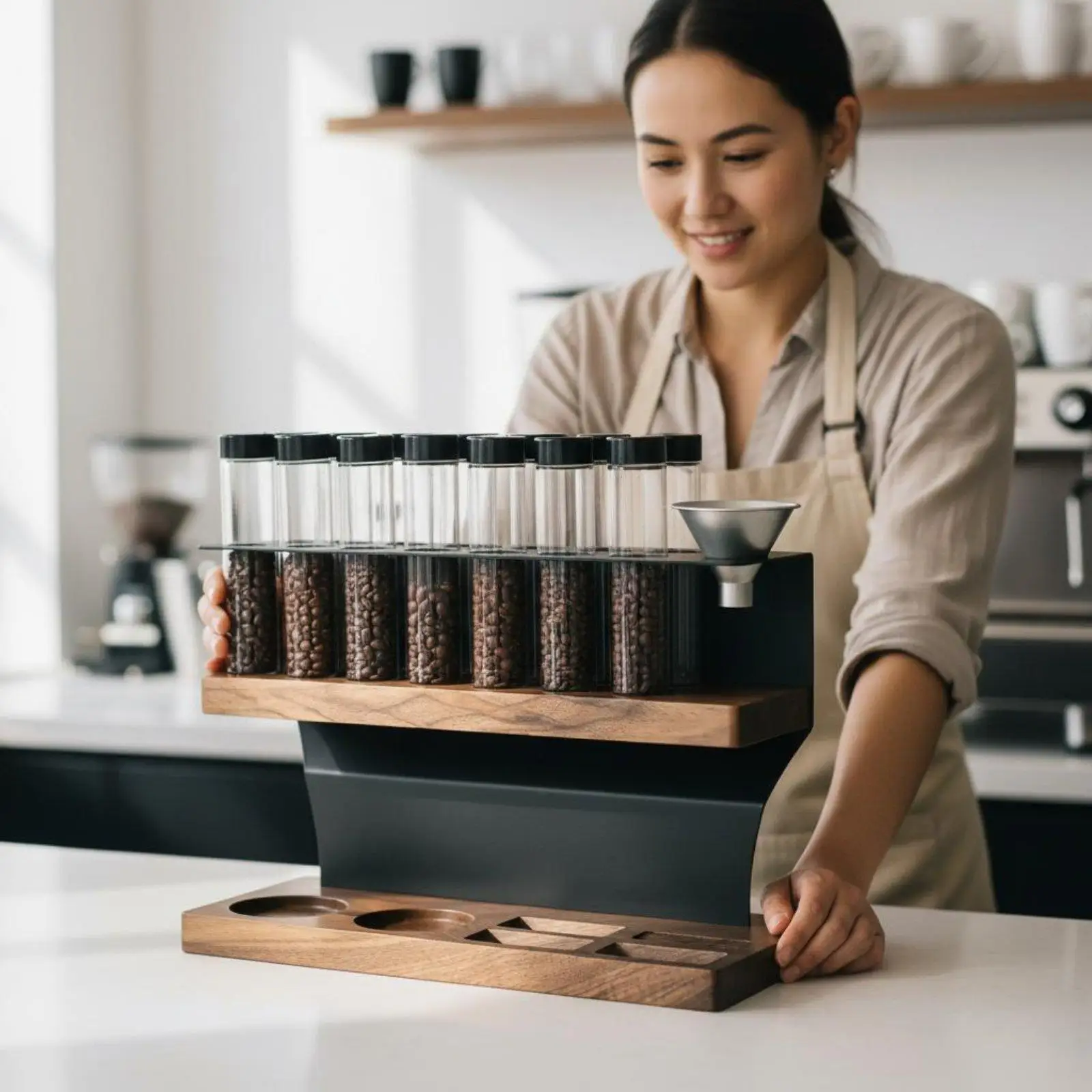 Coffee Bean Tube Holder Stand Walnut Glass Display Rack for Kitchen Counter Coffee Organizer with Funnel