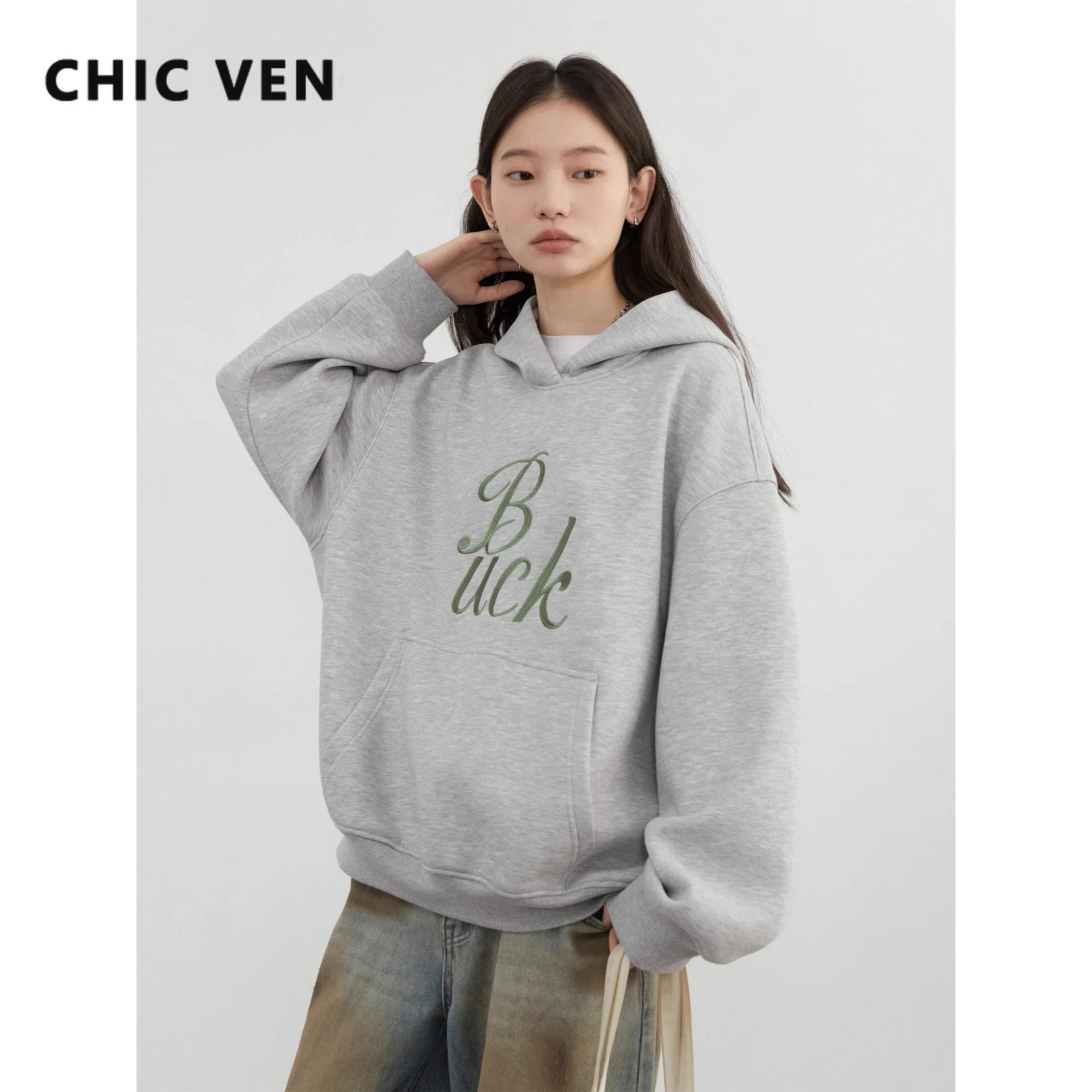 CHIC VEN Women Sweatshirts Loose Casual New Hooded Contrast Letter Embroidered Fleece Hoodie Oversized Top Autumn Winter 2025