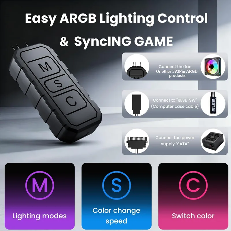 Mini ARGB Controller 3‑Pin RGB 5V Controller with Multiple Lighting Modes, Support restart button controller to change lights