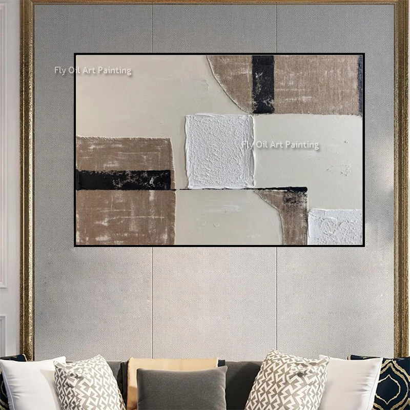 Handpainted Brown Beige White Abstract Wall Art New Home Wall Art Items Large Black White Messy Color Oil Painting For Room Hall