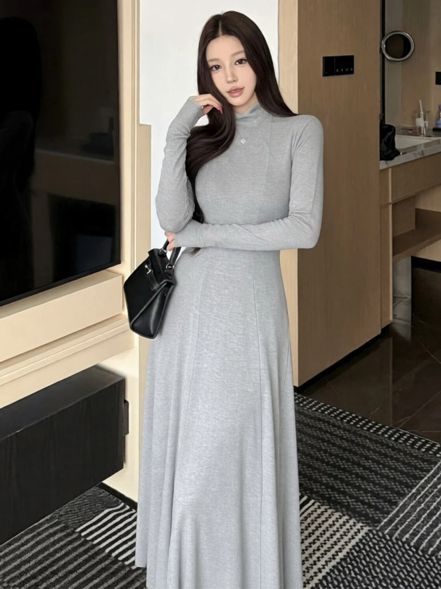 Slim Fit Knitted Long Dress Thin Fleece Drapey Base Layer Inner Wear High-End Sensation French Style Pure Color Waist-Cinched