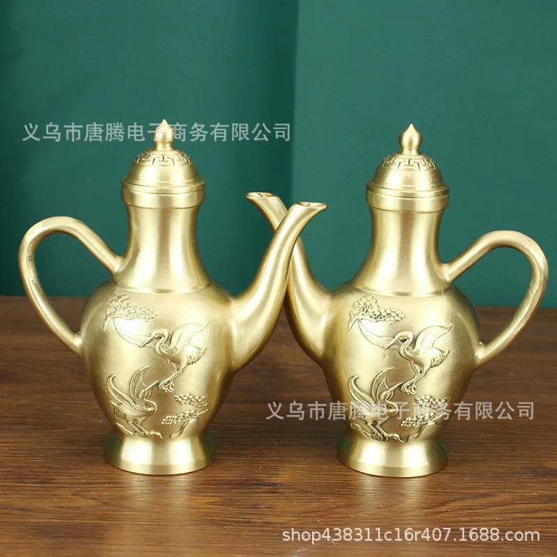 Brass Crane Wine Pot Living Room Office Craft Pure Copper Ornament