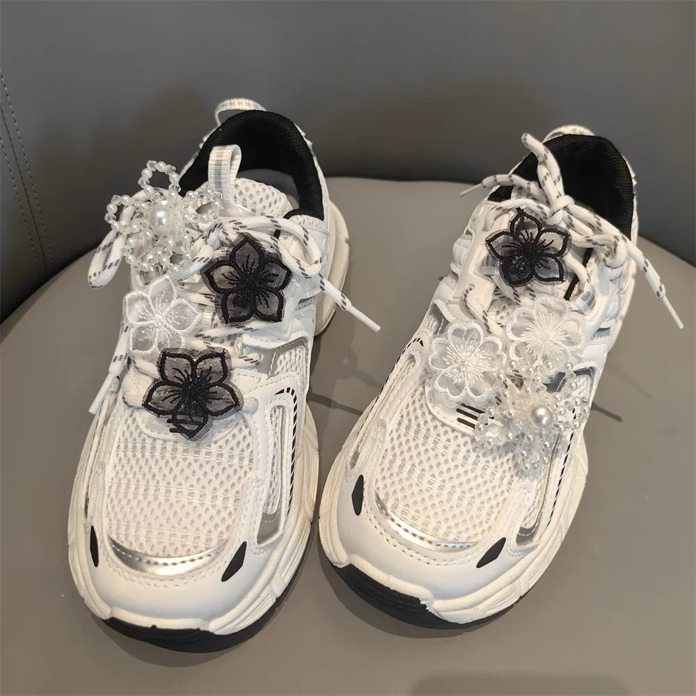 1PCS New Ballet Lace Pearl Shoes Charm Buckle Crystal Flower Black White Color Fairy Bow Shoe Laces Buckle  Shoelaces Decoration