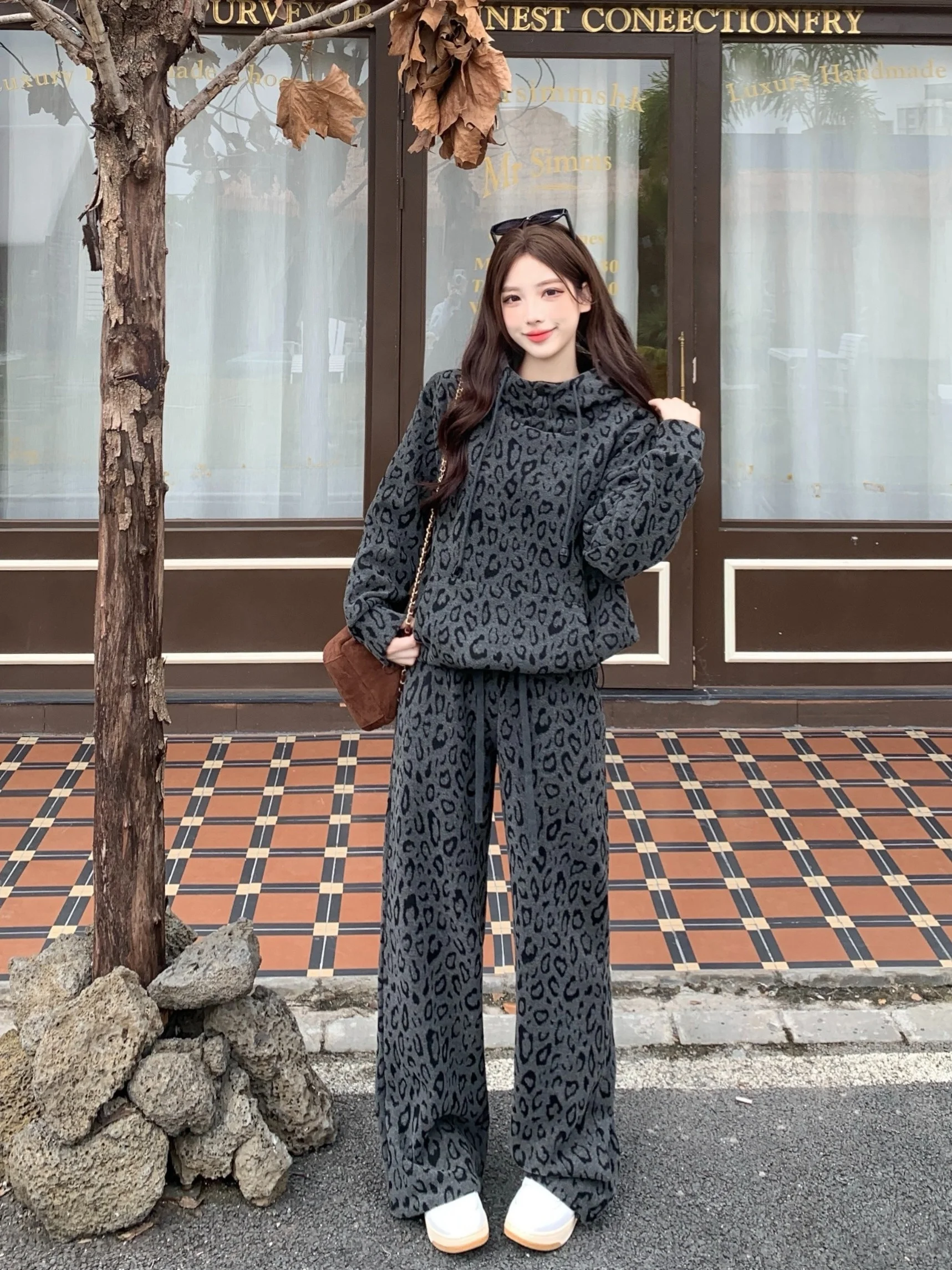 

plus Size Women's American Retro Thiened Fce Lined Leopard Print Sweatirt High Waist Casual Wide Leg Pants Set