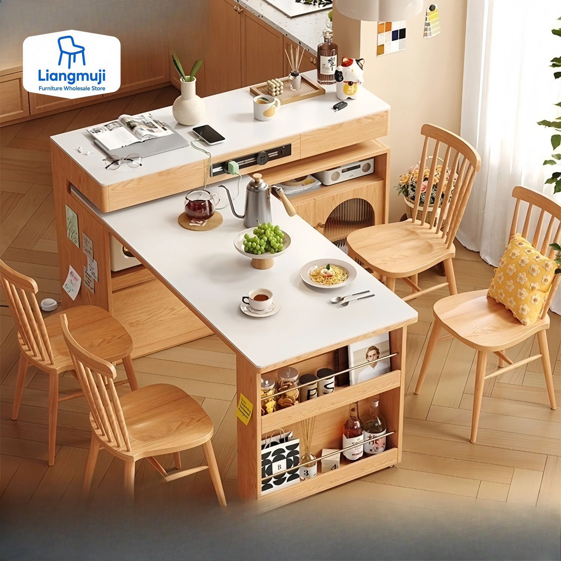 Drawer Kitchen Storage Table Wheels Socket Organizer Kitchen Extensible Dining Tables 4 Chairs Set Island Mesa Comedor Furniture