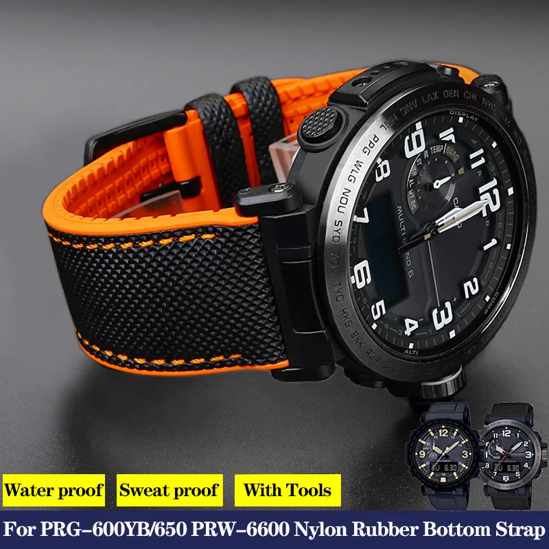 Nylon Rubber Bottom Watchband For Casio PROTREK Series PRG-600YB PRG-650 PRW-6600 Canvas Silicone Watch Band Sports Strap 24mm