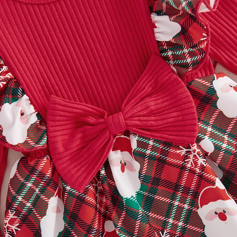 Baby Girl Christmas Outfit Santa Claus Print Plaid Ruffle Long Sleeve Romper Dress Bow Headband 2 Piece Set