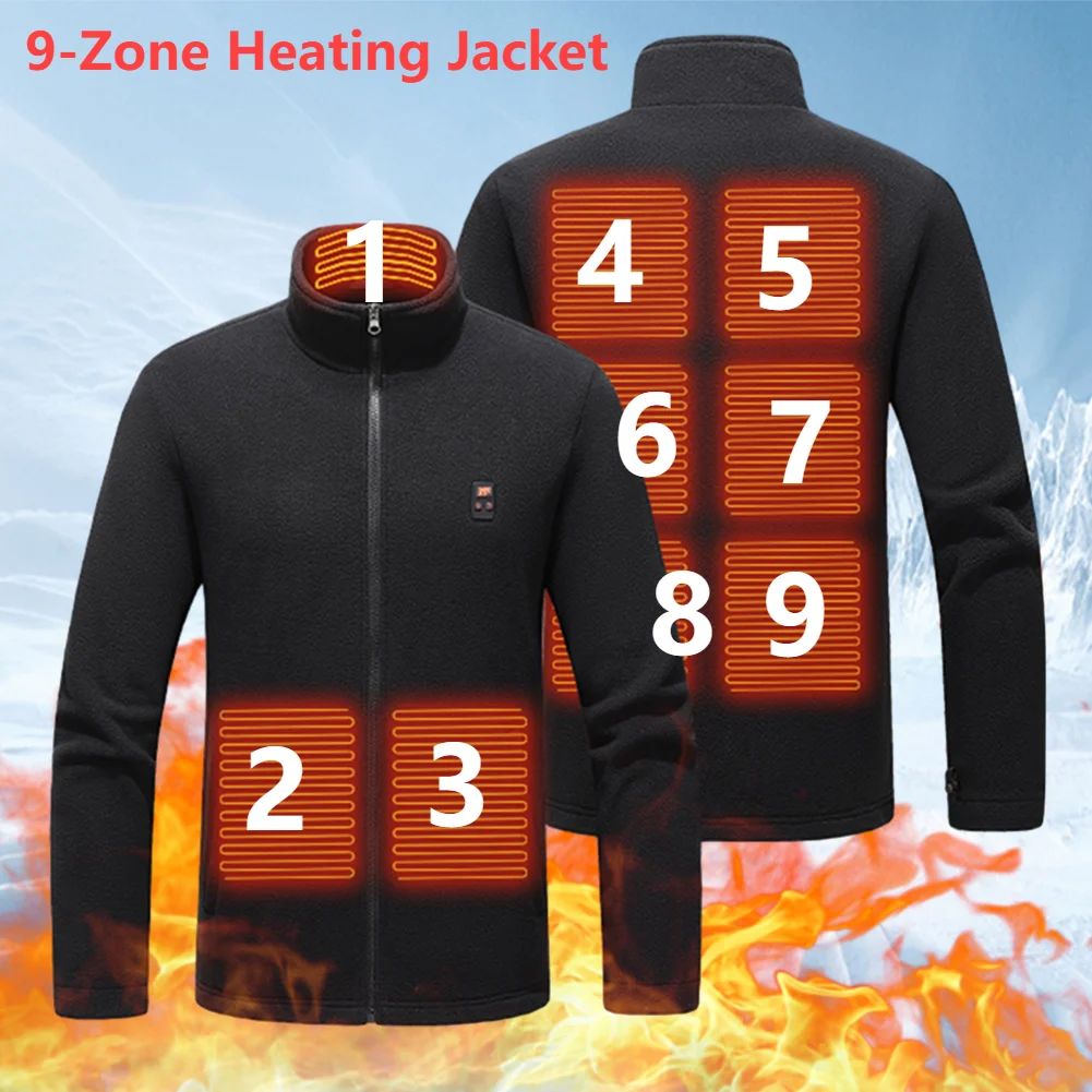 9 Heated Area Heating Jacket USB Charging Heated Zip Up Coat Waterproof Heated Sweater 3 Gear Temperature for Outdoor Activities