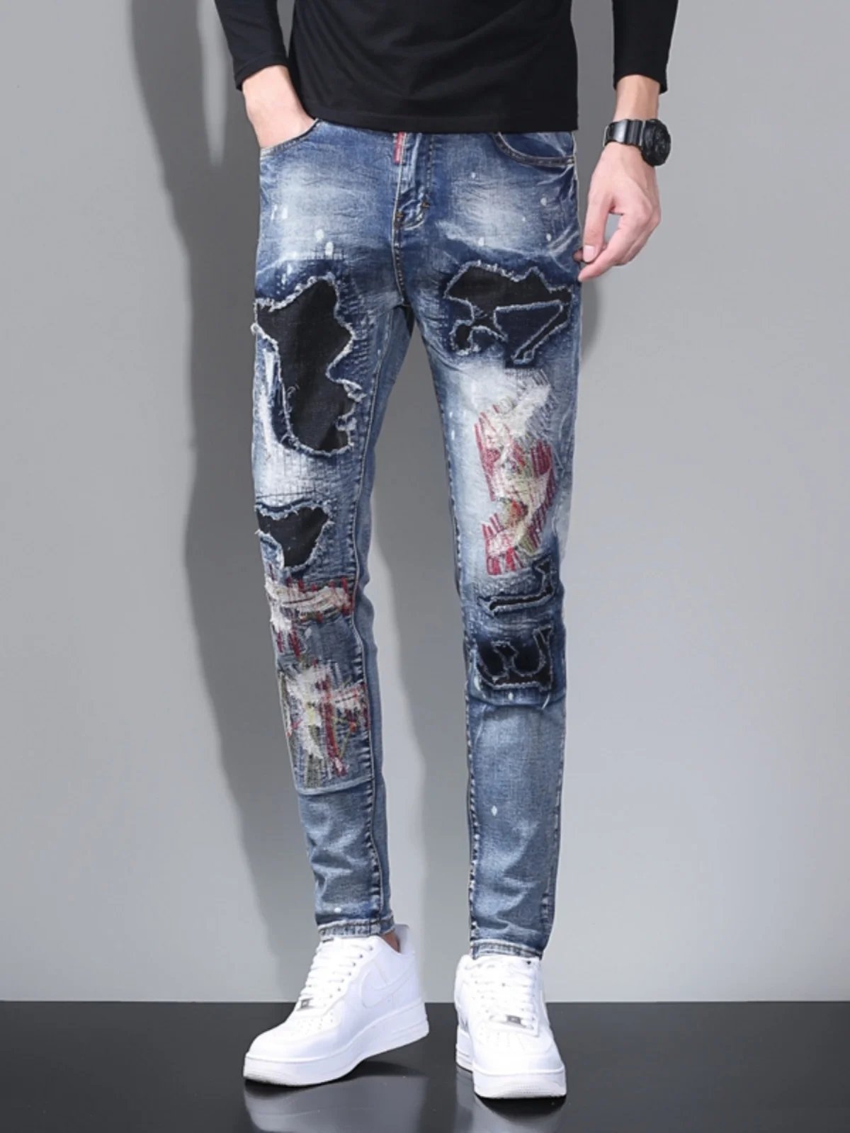 

High-End Men's Denim Jeans Graffiti Hole Patch Elastic Slim Fit Long Trousers Trendy Cotton Stretch mid Waist Zipper Casual