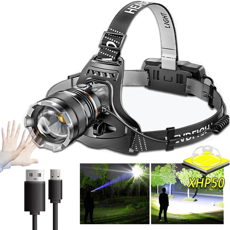 Super Bright XHP50.2 LED Headlamp IPX4 Waterproof LED Headlight Rechargeable Fishing Adventure Camping Lights Illumination 500M