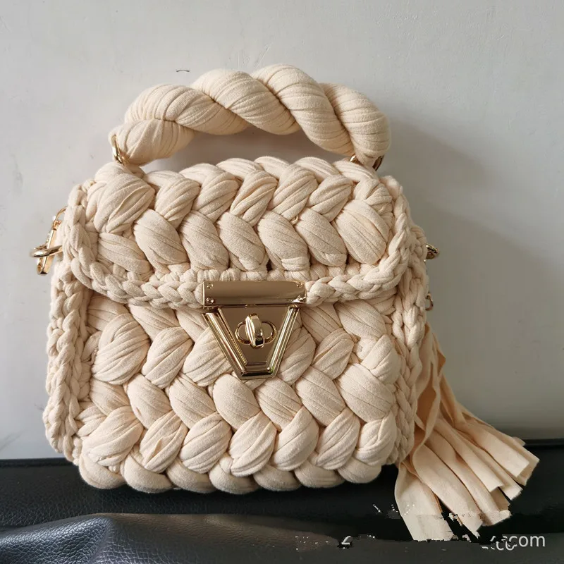 LADIES\'s BAG 2024 Solid Color Fabric Crochet Bag Square Tassel Shoulder Diagonal Crossbags for Women Luxury Designer Handbag