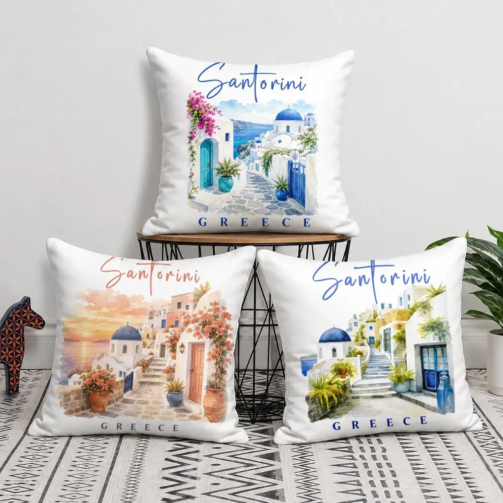 Greek Santorini Cushion Cover Short Plush Soft Double-Sided Printing Pillow Case Cozy Sofa Bedroom Home Decor Gift