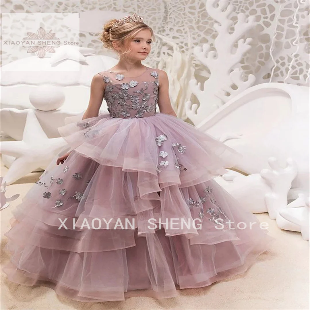 

Flower Girl Dresses Lace Appliques Tiered Tulle Pageant Dress For Girls O Neck Sleeveless Birthday Party Evening Gowns