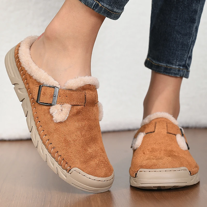 Damenmode Baotou-Slipper Winter Neu Rundkopf Tiefer Schnitt Schnallenverschluss Weiche Sohle Rutschfest Verschleißfest Flache Schuhe – Detail 11