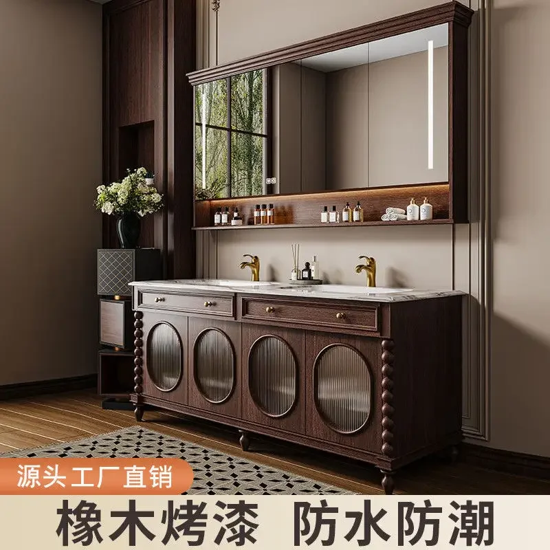 Double basin French retro bathroom cabinet combination Chinese washbasin oak American luxury stone washbasin solid wood