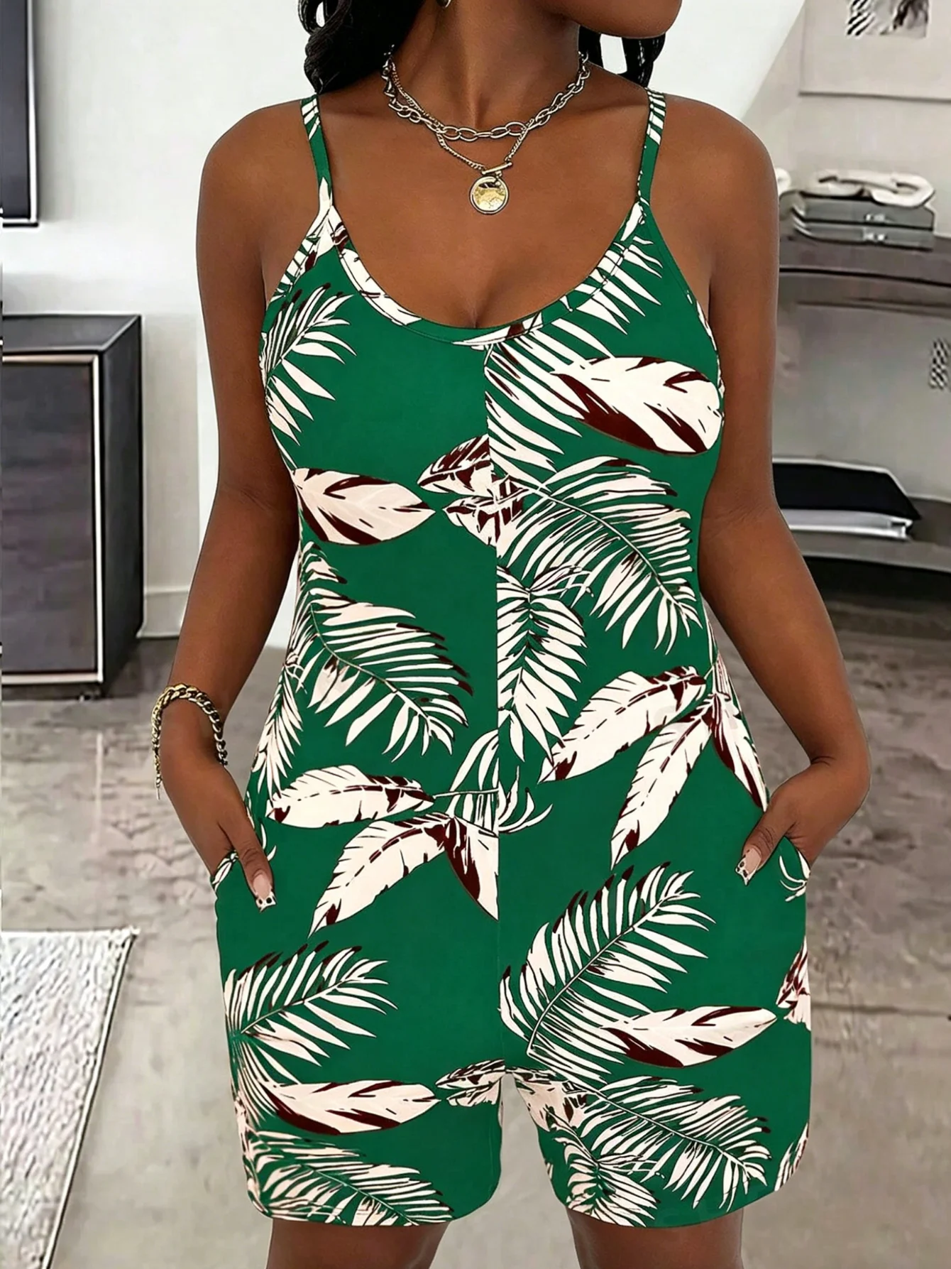 Mono con estampado de hojas tropicales, mono sin mangas con cuello en U y bolsillos, para vacaciones en la playa, ropa informal y de verano