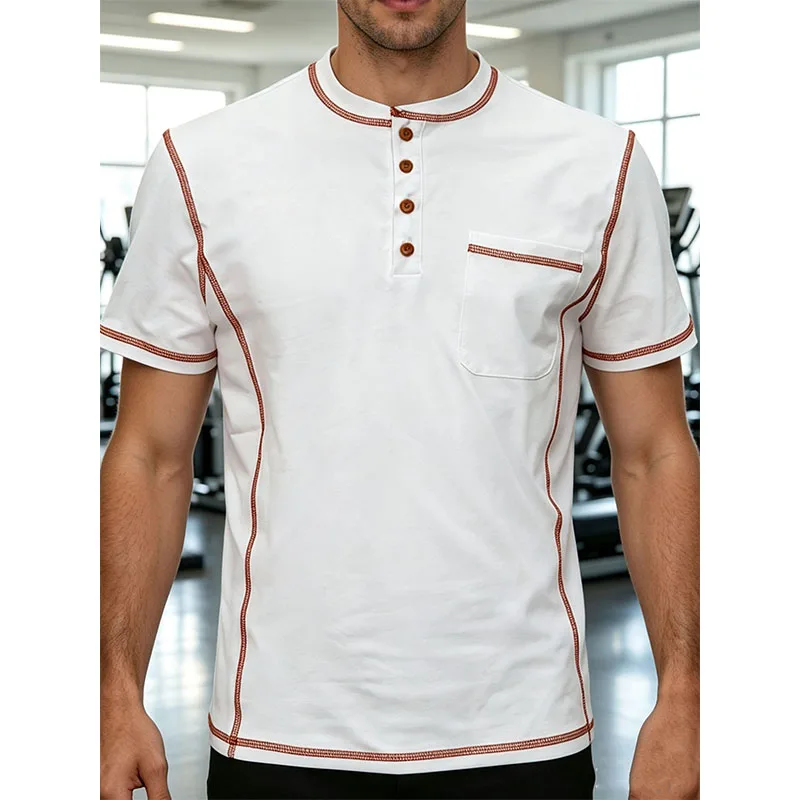 Men's Sports Casual Short-Sleeve, Muscle Fitness Men's T-Shirt, Gym Training Top, Buttoned Crew Neck Slim Fit Summer T-Shirt