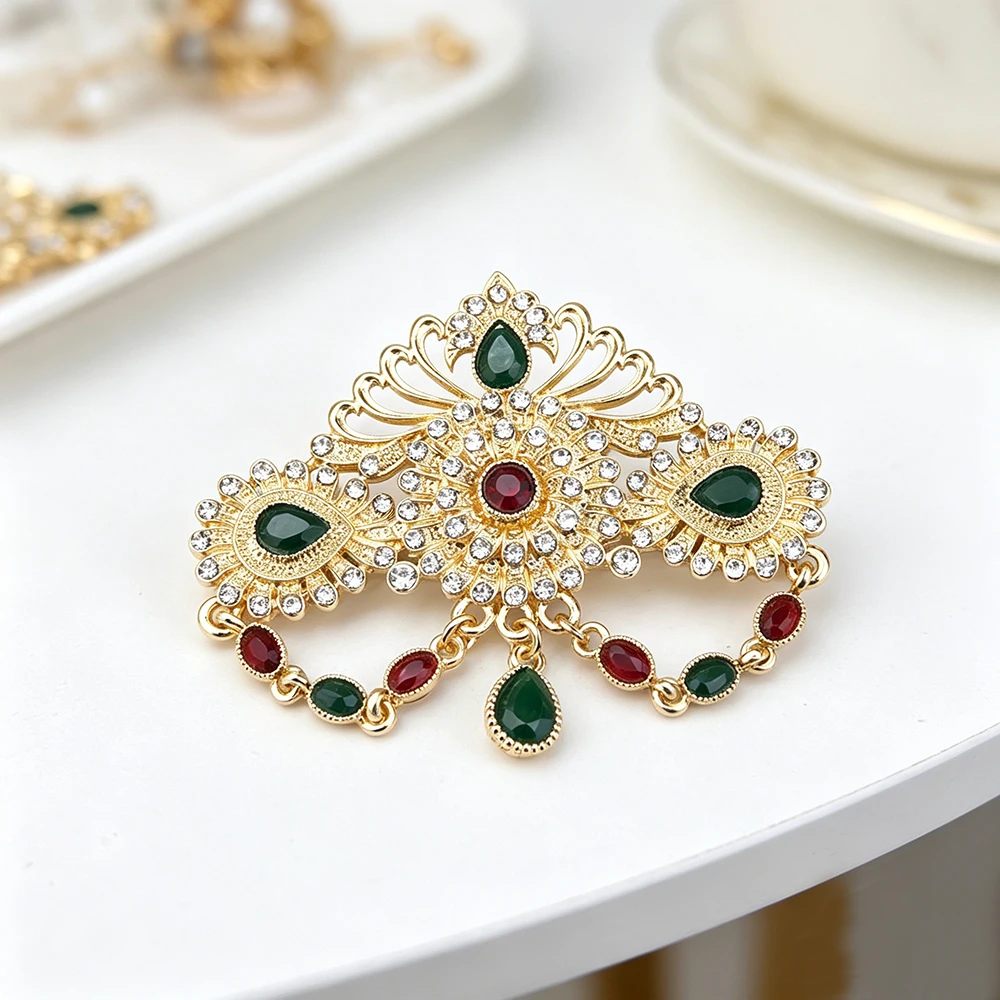 Oriental Tassel Brooch Multi-Colored Rhinestone Dangling Pin Ethnic Morocco Arab Decorative Brooch For Ladies Kaftan Abaya Hijab