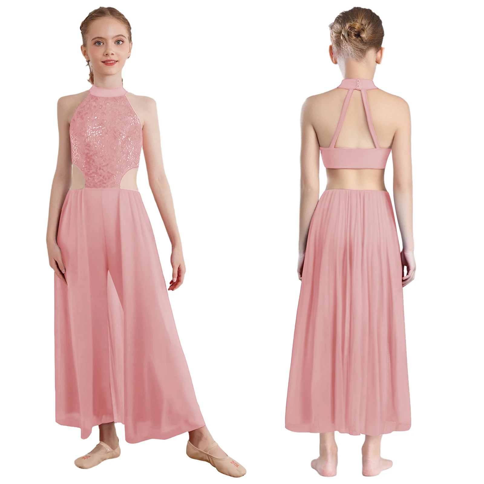 

Kids Girls Dance Lyrical Ballet Skating Performance Costume Shiny Sequins Halter Sleeveless Backless Skirted Jumpsuit Dancewear