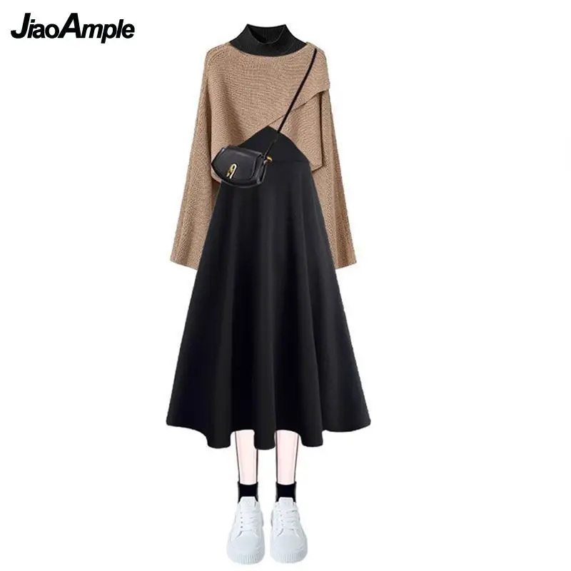 Women\'s Autumn Winter New In Matching Set Korean Elegant Short Knitted Sweater+Black Bottom Pullover+Strap Dress 3 Piece Suit