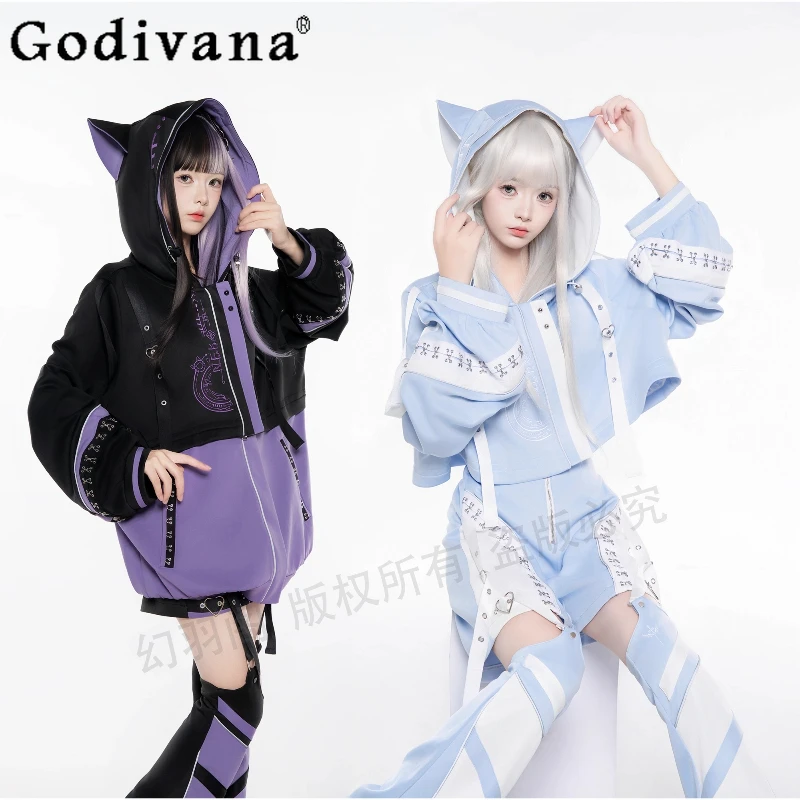 

Harajuku Subculture Punk Sportswear 2025 Autumn New Girls' Sweet Cool Loose Slim Hooded Jacket Shorts Leg Warmers 2-Piece Set